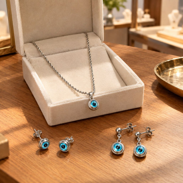 Silver Blue Evil Eye Jewelry Set – Styled with the silver necklace and earrings worn together