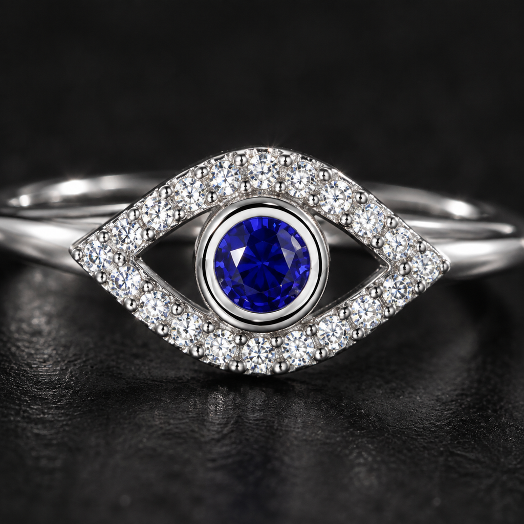 Silver Plated Blue Evil Eye Adjustable Ring for Women - blue eye detail