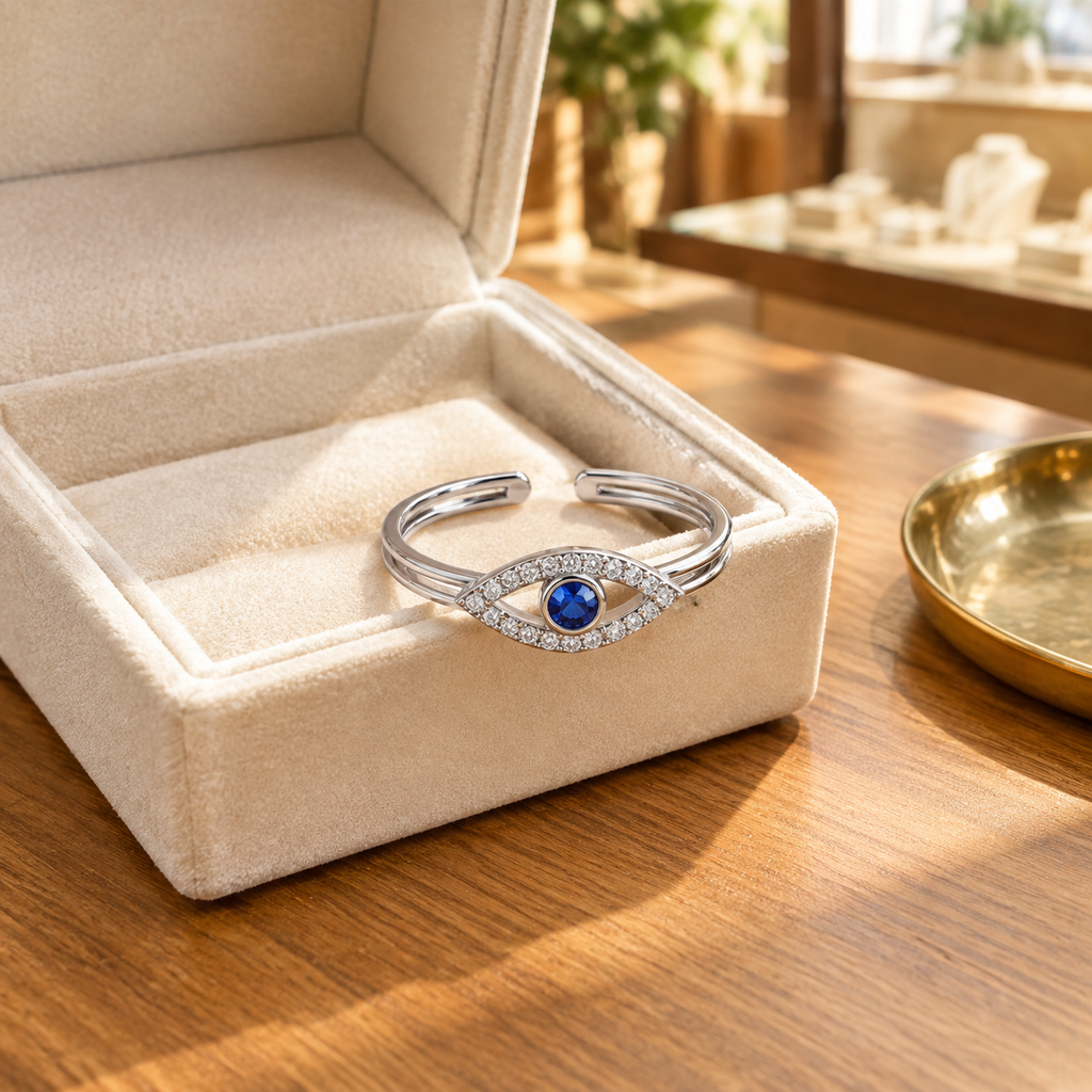 Silver Plated Blue Evil Eye Adjustable Ring for Women - styled lifestyle