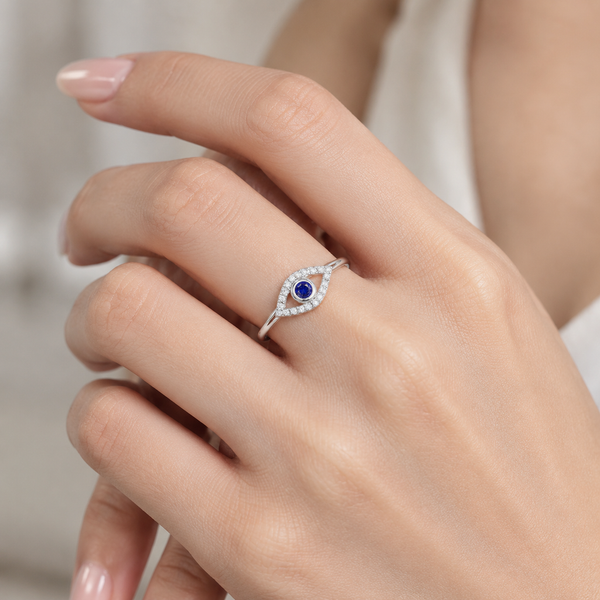 Silver Plated Blue Evil Eye Adjustable Ring for Women - worn close up