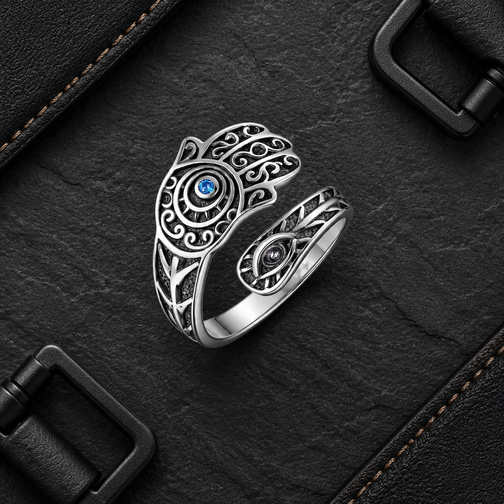 Silver Plated Hamsa Evil Eye Adjustable Ring for Men - flat lay