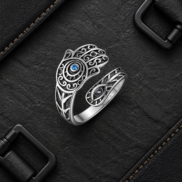 Silver Plated Hamsa Evil Eye Adjustable Ring for Men - flat lay
