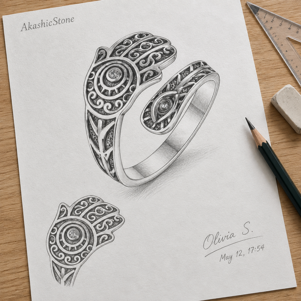 Silver Plated Hamsa Evil Eye Adjustable Ring for Men - line art