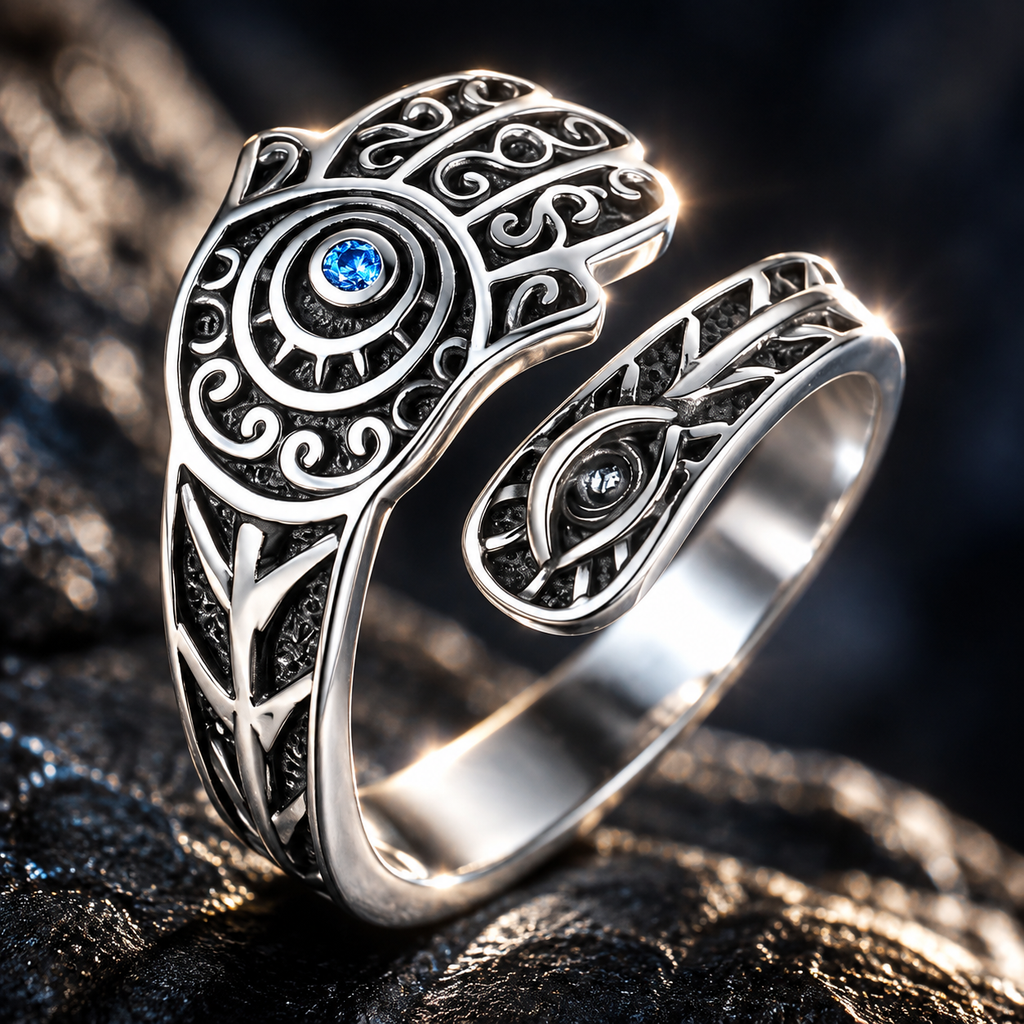 Silver Plated Hamsa Evil Eye Adjustable Ring for Men - motif detail