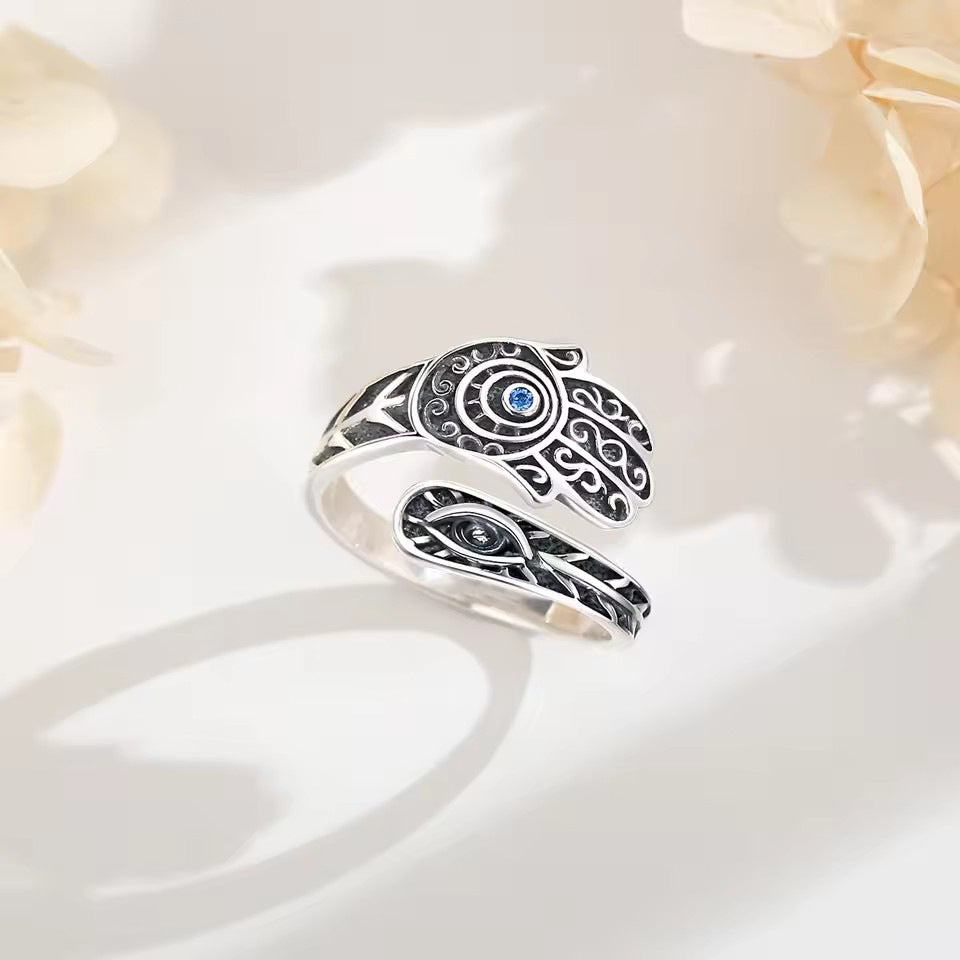 Silver Plated Hamsa Evil Eye Adjustable Ring for Men - product photo 1