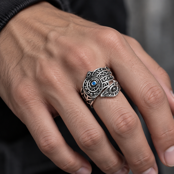 Silver Plated Hamsa Evil Eye Adjustable Ring for Men - worn close up