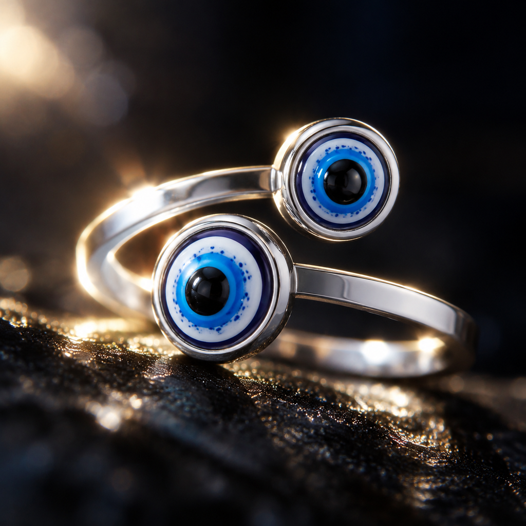 Silver Stainless Steel Double Blue Evil Eye Adjustable Ring for Women - silver_double_blue_evil_eye_ring_women_detail_2