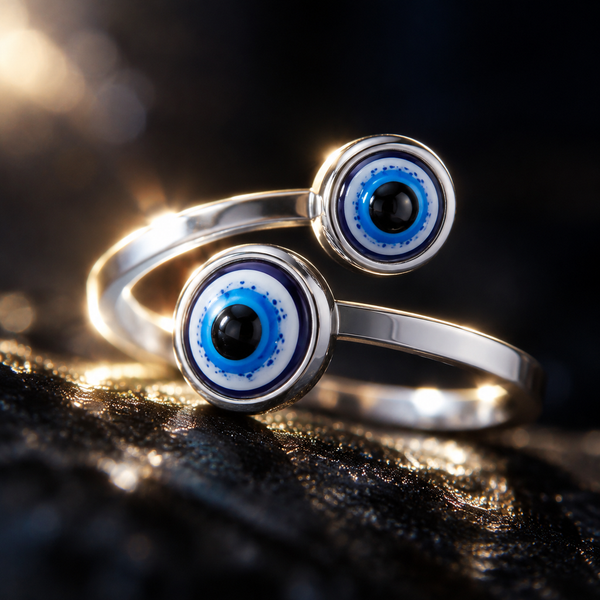 Silver Stainless Steel Double Blue Evil Eye Adjustable Ring for Women - silver_double_blue_evil_eye_ring_women_detail_2