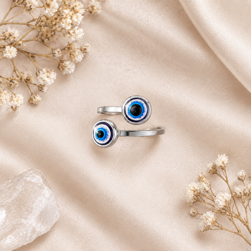 Bague ouverte réglable pour femme en acier inoxydable argenté avec double mauvais œil bleu Image secondaire du produit