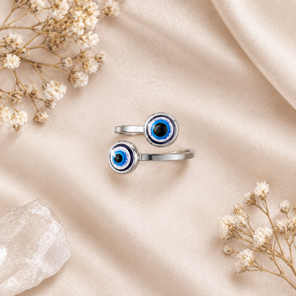 Silver Stainless Steel Double Blue Evil Eye Adjustable Ring for Women - silver_double_blue_evil_eye_ring_women_flat_lay