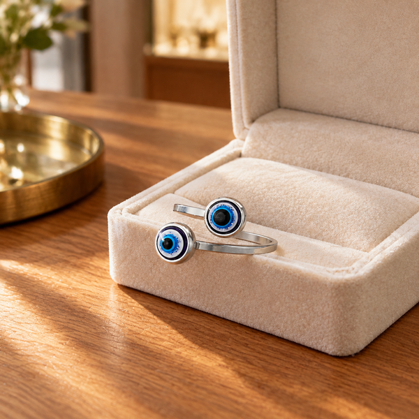 Silver Stainless Steel Double Blue Evil Eye Adjustable Ring for Women - silver_double_blue_evil_eye_ring_women_lifestyle