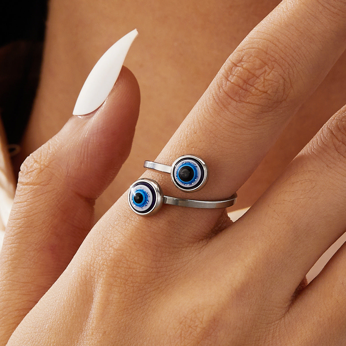 Silver Stainless Steel Double Blue Evil Eye Adjustable Ring for Women - silver_double_blue_evil_eye_ring_women_ref