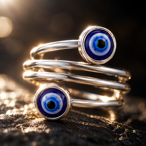 Silver Stainless Steel Multi Band Blue Evil Eye Adjustable Ring for Women - silver_multi_band_evil_eye_ring_women_batch_a_detail_2