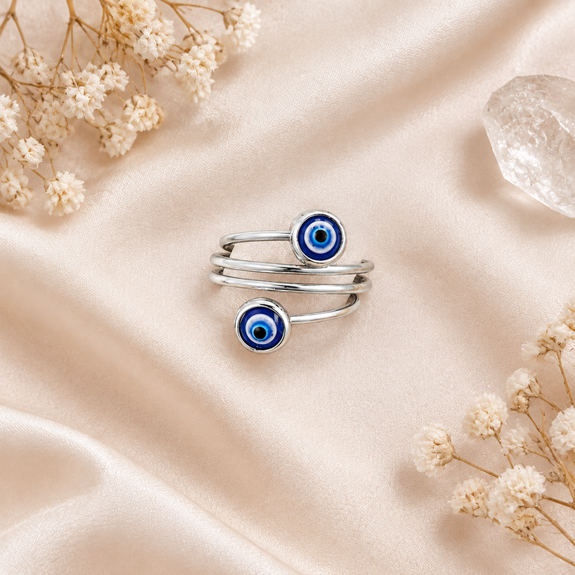 Bague réglable pour femme en acier inoxydable argenté à plusieurs anneaux avec motif mauvais œil bleu Image secondaire du produit