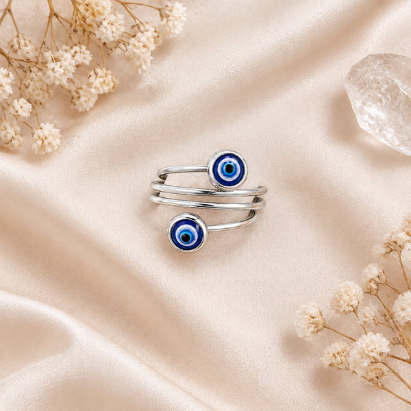 Silver Stainless Steel Multi Band Blue Evil Eye Adjustable Ring for Women - silver_multi_band_evil_eye_ring_women_batch_a_flat_lay