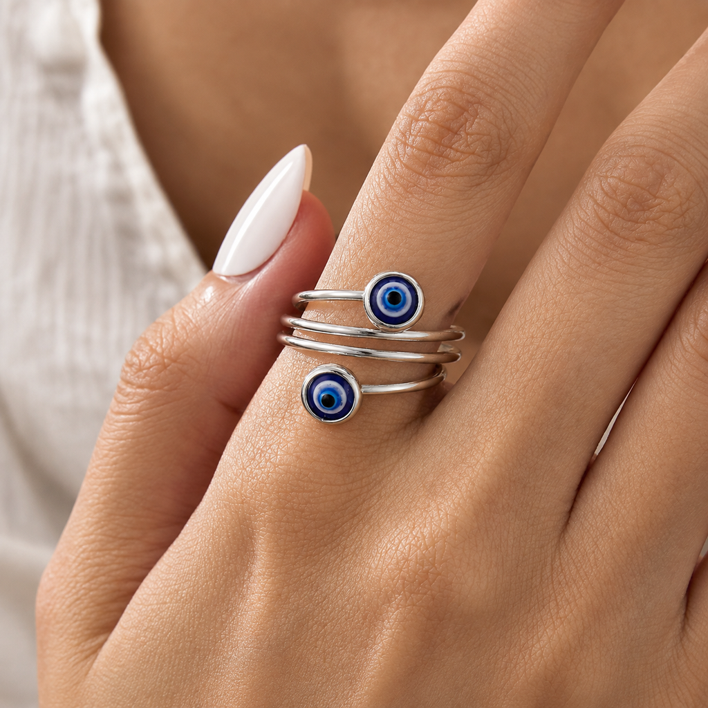 Silver Stainless Steel Multi Band Blue Evil Eye Adjustable Ring for Women - silver_multi_band_evil_eye_ring_women_batch_a_wear_closeup