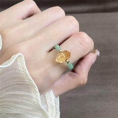 Citrine Aventurine Ring – Citrine double-point crystal with green aventurine beads worn on finger, wealth feng shui ring