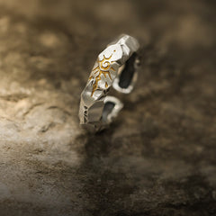 Self-Discipline Ring – Hammered Thai silver band with gold sun emblem on stone, focus jewelry