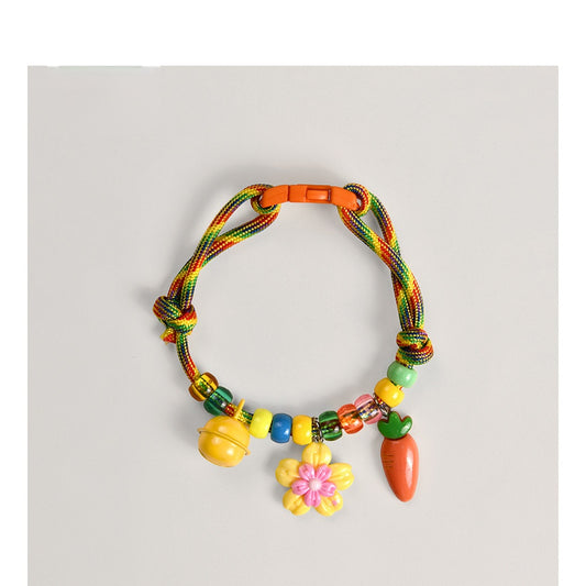 Cat Collar – Rainbow braided rope with flower, carrot & bell charms, adjustable lightweight pet collar