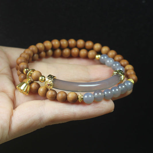 Sandalwood Agate Bracelet – Double-strand sandalwood beads with gray agate half-bangle and gold lotus charm, zen