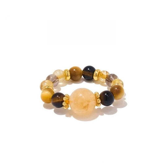 Citrine Tiger Eye Ring – Beaded ring with citrine center, tiger eye and obsidian beads, gold spacers, wealth jewelry