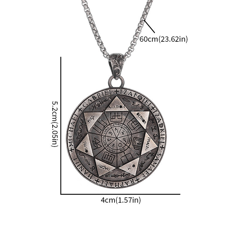 Seven Archangels Pendant – Front view with size chart 5.2x4cm on white, magic circle seal necklace