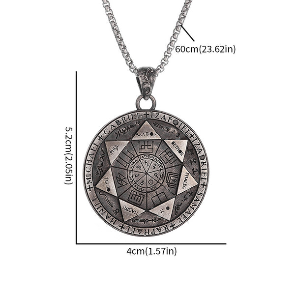 Seven Archangels Pendant – Front view with size chart 5.2x4cm on white, magic circle seal necklace