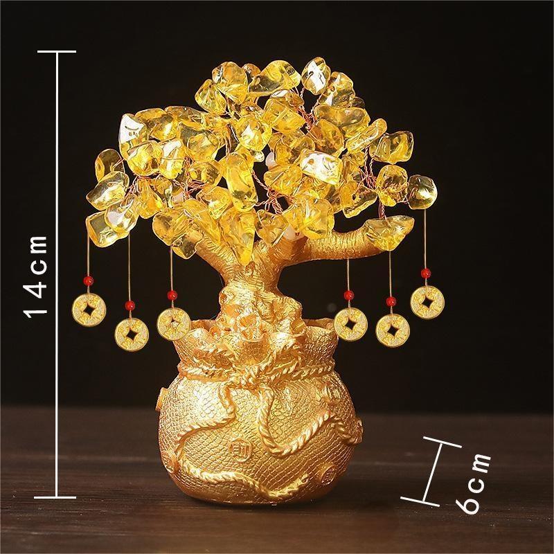 Citrine Money Tree – golden crystal stones on gold money-bag base with size marks, feng shui wealth decor