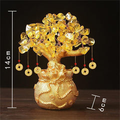 Citrine Money Tree – golden crystal stones on gold money-bag base with size marks, feng shui wealth decor