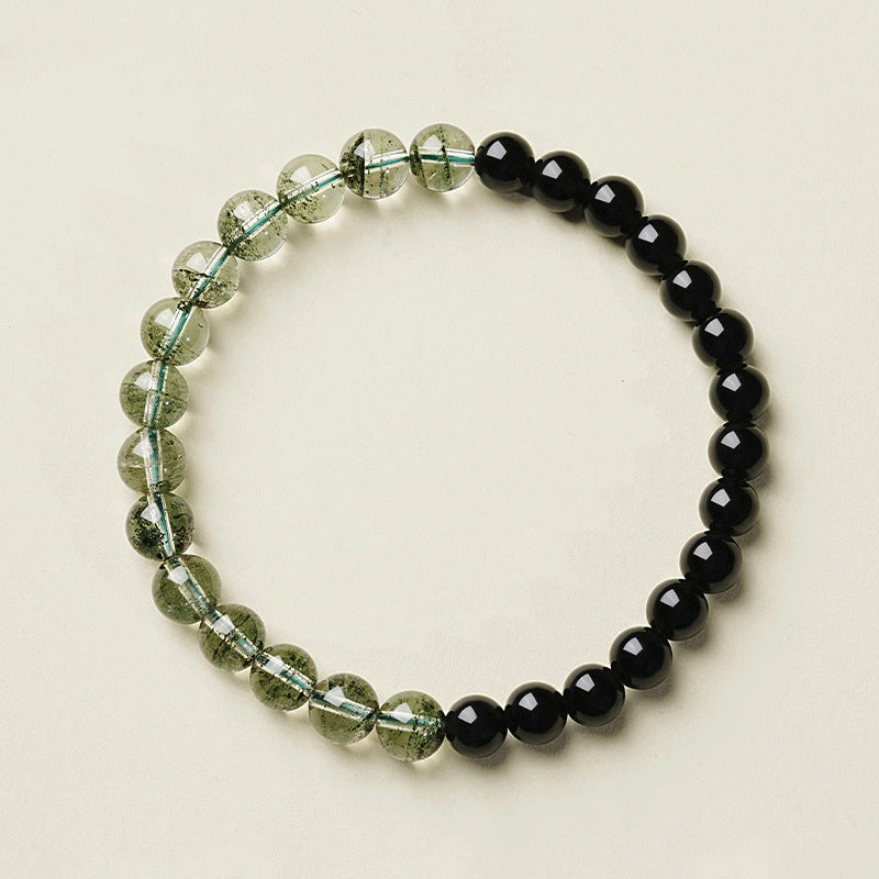 Obsidian Green Phantom Bracelet – top-down view with black obsidian and green phantom quartz beads