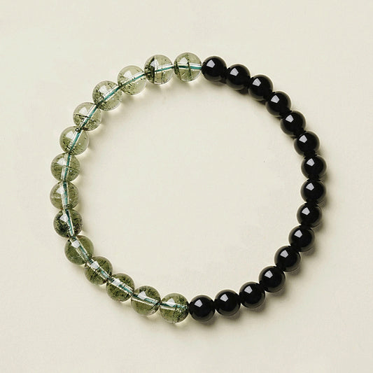 Obsidian Green Phantom Bracelet – top-down view with black obsidian and green phantom quartz beads
