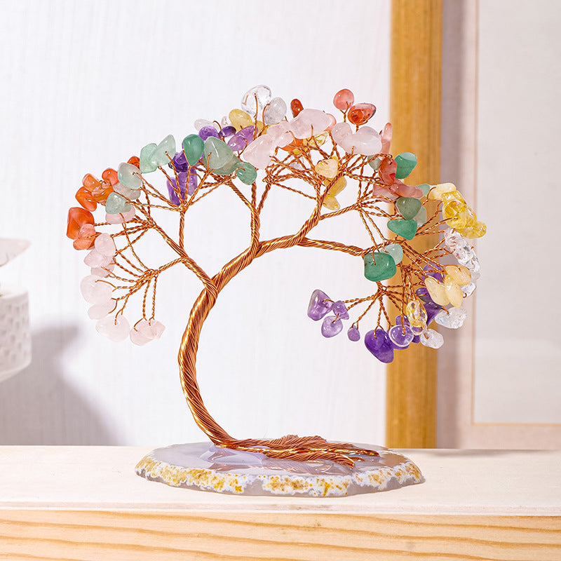Chakra Crystal Tree – multicolor rainbow gemstone tree on agate base, copper wire trunk, white room decor centerpiece