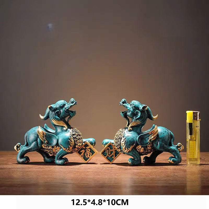 Pi Xiu Statue Pair – Teal patina pair with lighter scale, Feng Shui wealth statue
