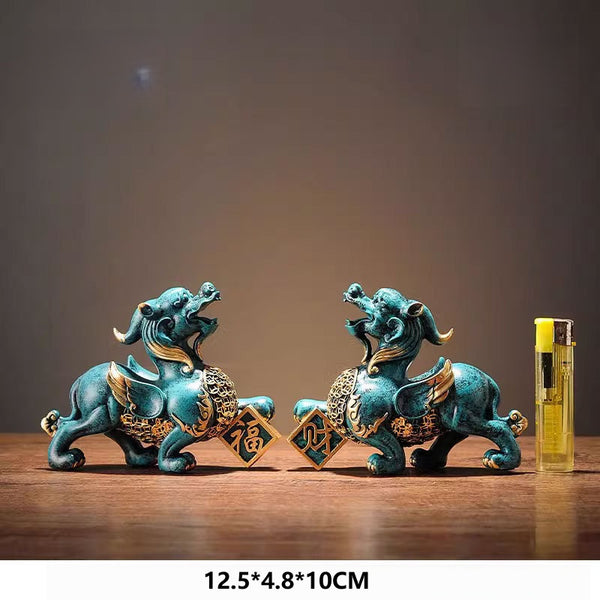 Pi Xiu Statue Pair – Teal patina pair with lighter scale, Feng Shui wealth statue