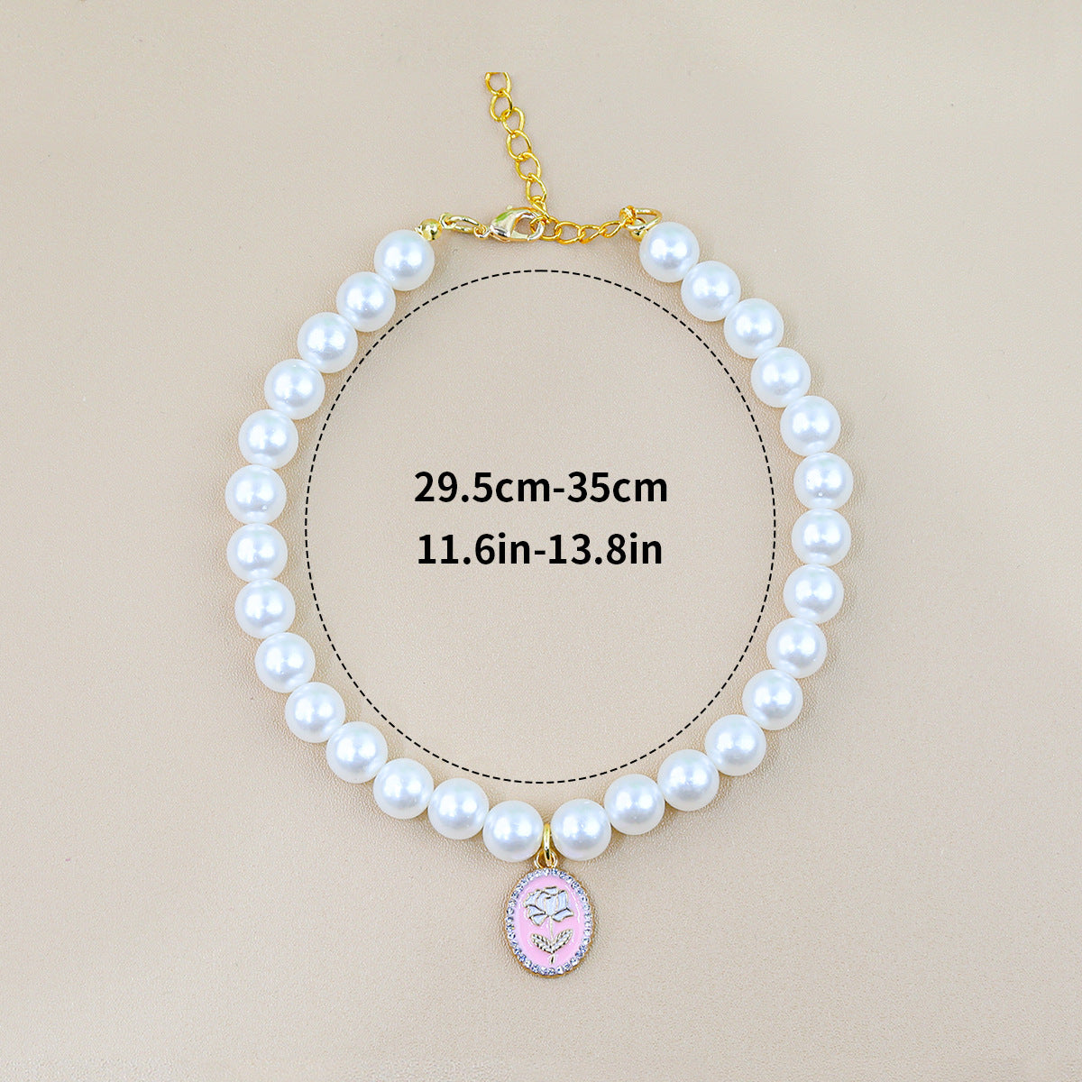 Luxury Crystal Pet Necklace – pearl strand with pink rose cameo pendant, crystal border, 29.5-35cm