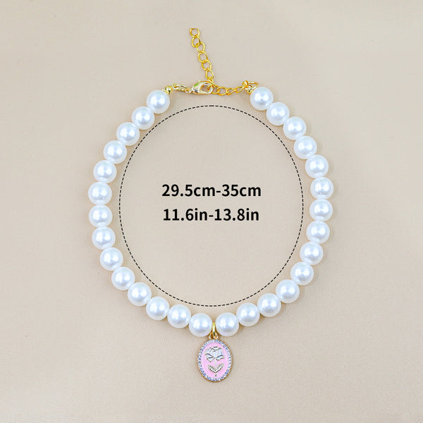 Luxury Crystal Pet Necklace – pearl strand with pink rose cameo pendant, crystal border, 29.5-35cm