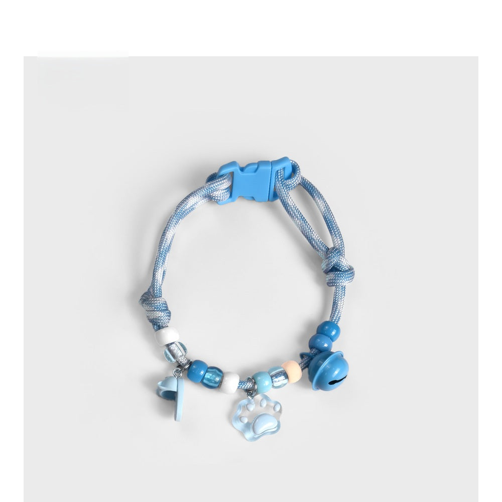 Soft Cat Collar – Blue rope with paw, heart & blue bell charms, adjustable cute kitten collar