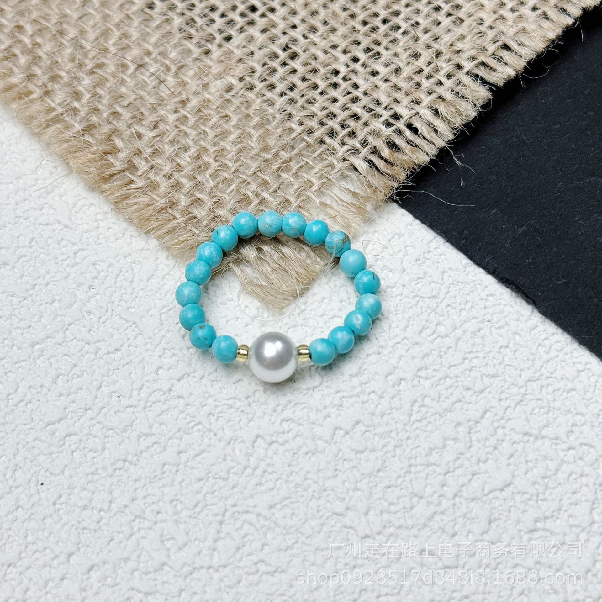 Tiger Eye Beaded Ring – Turquoise beads with gray pearl center on burlap and black, boho crystal ring