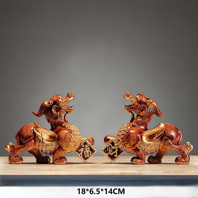 Pi Xiu Statue Pair – Bronze large pair on wooden shelf, wealth protection decor