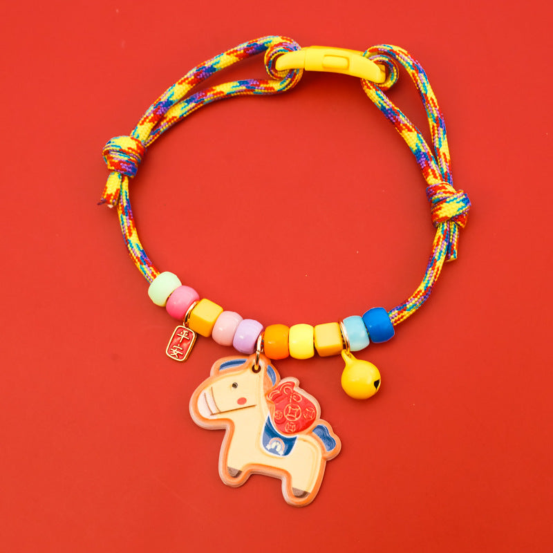 Year of Horse Collar – Rainbow rope with pink horse, fu blessing tag & yellow bell, festive pet collar