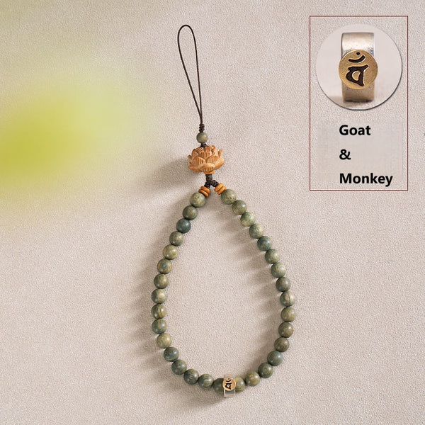 Zodiac Wood Bead Lanyard – Green sandalwood with Goat and Monkey silver zodiac medallion, clever fortune phone charm