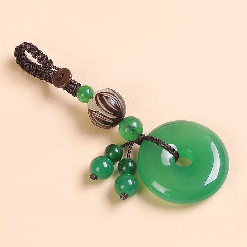 Agate Chalcedony Safety Knot Keychain – green agate with striped lotus bead and green beads