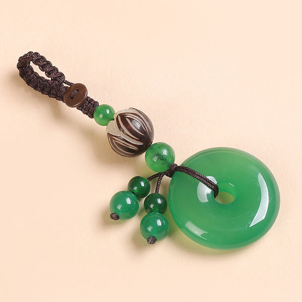 Agate Chalcedony Safety Knot Keychain – green agate with striped lotus bead and green beads