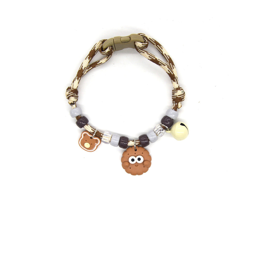Adjustable Cat Collar – Camo green rope with smiley cookie, bear & green bell, cute nature collar