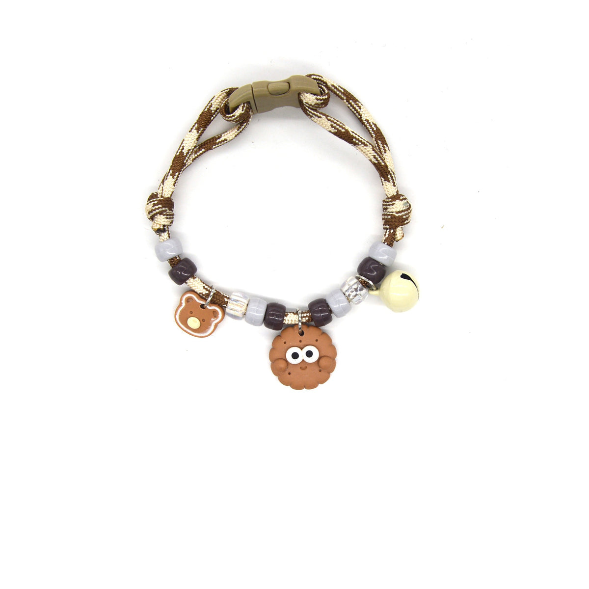 Adjustable Cat Collar – Camo green rope with smiley cookie, bear & green bell, cute nature collar
