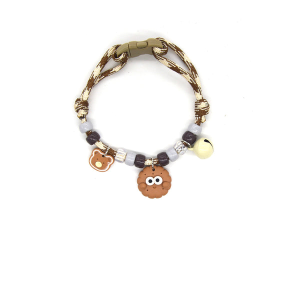 Adjustable Cat Collar – Camo green rope with smiley cookie, bear & green bell, cute nature collar