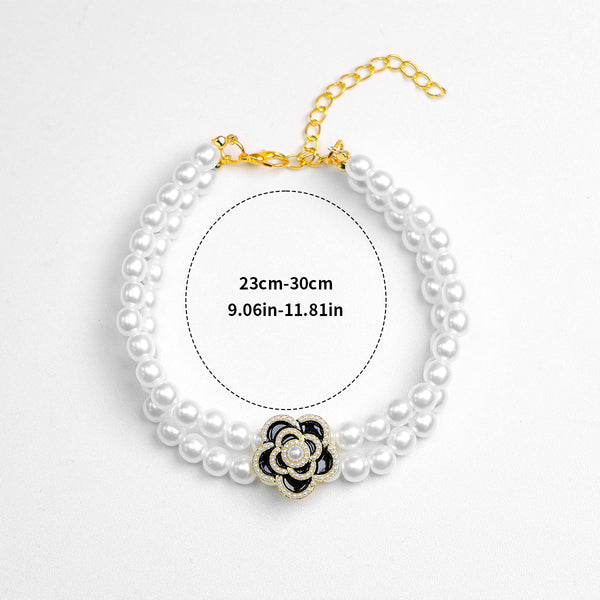 Luxury Crystal Pet Necklace – double pearl strand with black camellia flower pendant, crystal accents, 23-30cm