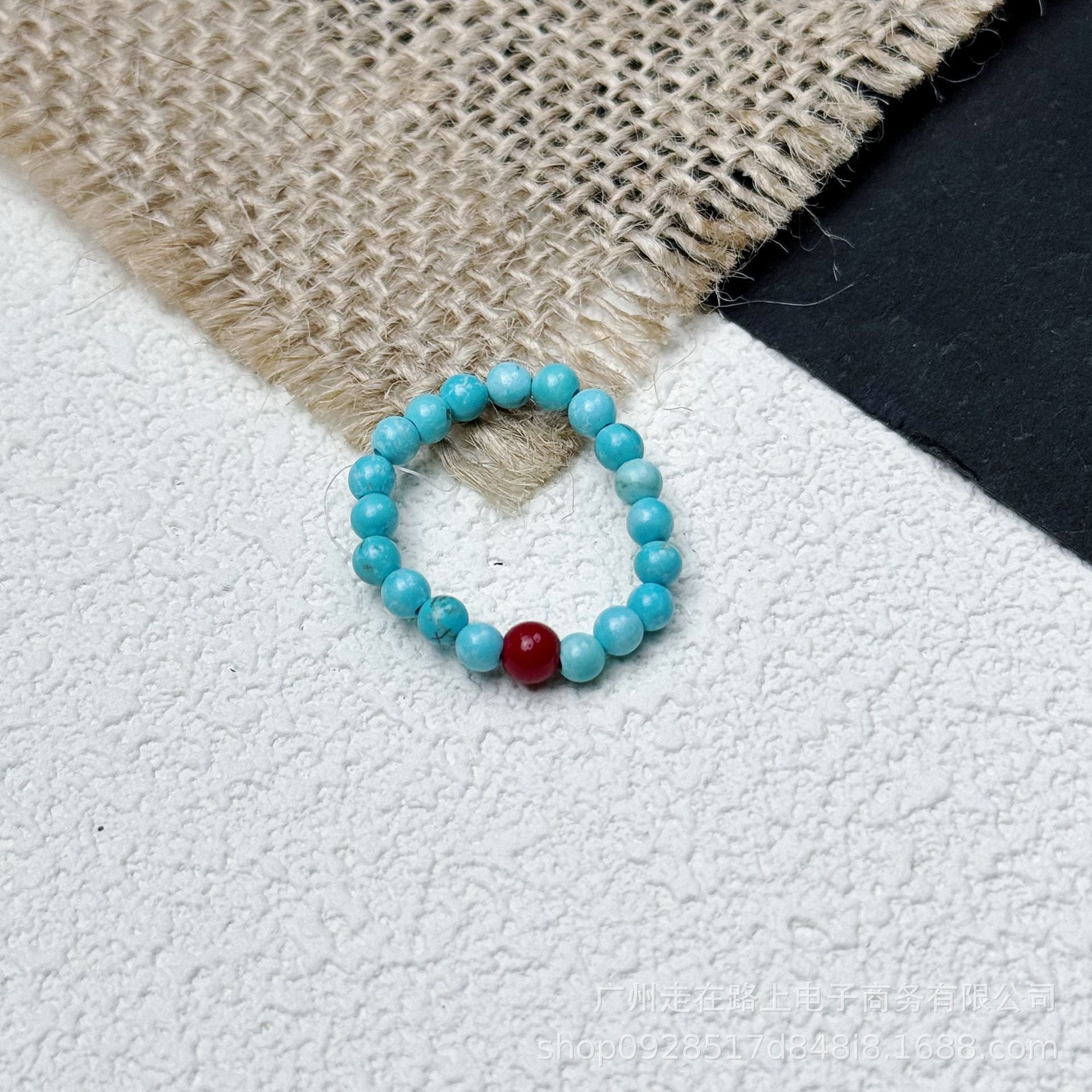 Tiger Eye Beaded Ring – Turquoise beads with red agate center on burlap, protection stack ring