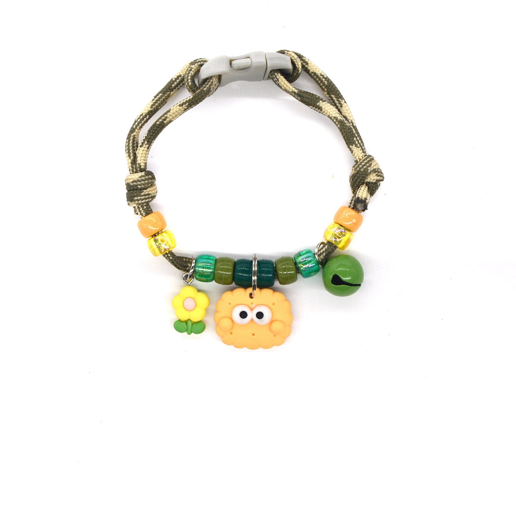 Cute Pet Collar – Olive camo rope with flower, googly eye cookie & green bell, kawaii pet collar