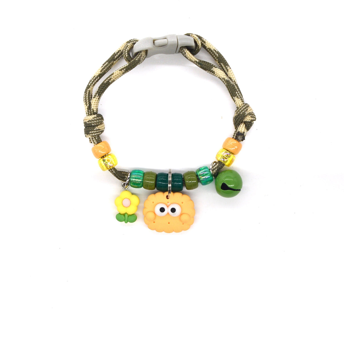 Cute Pet Collar – Olive camo rope with flower, googly eye cookie & green bell, kawaii pet collar